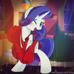 Size: 1000x1000 | Tagged: safe, artist:ruhisu, character:rarity, species:pony, bedroom eyes, bipedal, blushing, building, clothing, covering, dress, female, jewelry, looking at you, manehattan, mare, marilyn monroe, open mouth, patreon, red dress, skirt, smiling, solo, standing, street, the seven year itch, vent, wink