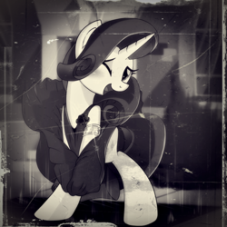 Size: 1000x1000 | Tagged: safe, artist:ruhisu, character:rarity, species:pony, species:unicorn, bedroom eyes, black and white, blow, clothing, female, film grain, grayscale, manehattan, mare, marilyn monroe, patreon, skirt, solo, standing, the seven year itch, vent, vintage, wind, wink