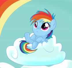 Size: 9627x9097 | Tagged: safe, artist:pridark, character:rainbow dash, absurd resolution, cloud, cute, dashabetes, filly, filly rainbow dash, on a cloud, rainbow, solo, younger