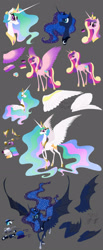 Size: 1280x3109 | Tagged: safe, artist:grievousfan, character:princess cadance, character:princess celestia, character:princess luna, bat wings, color palette, curved horn, raised hoof, reference sheet, spread wings, wings