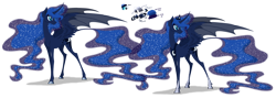 Size: 3927x1404 | Tagged: safe, artist:grievousfan, character:princess luna, bat wings, color palette, curved horn, ear fluff, hybrid wings, simple background, solo, spread wings, transparent background, wings