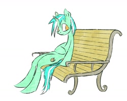 Size: 1344x1076 | Tagged: safe, artist:akweer, character:lyra heartstrings, species:pony, species:unicorn, bench, female, mare, no pupils, simple background, sitting, sitting lyra, solo, white background