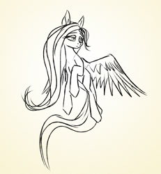 Size: 1368x1480 | Tagged: safe, artist:akweer, character:fluttershy, species:pony, black and white, grayscale, monochrome, simple background, sketch, solo, white background