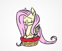 Size: 820x678 | Tagged: safe, artist:akweer, character:fluttershy, species:pegasus, species:pony, cute, eyes closed, female, mare, pet bed, prone, shyabetes, smiling