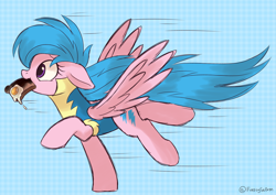 Size: 1024x725 | Tagged: safe, artist:prince-lionel, character:firefly, species:pegasus, species:pony, bread, clothing, female, flying, food, mare, mouth hold, schoolgirl toast, solo, toast, uniform, windswept mane, wonderbolt trainee uniform