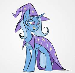 Size: 1844x1792 | Tagged: safe, artist:akweer, character:trixie, species:pony, species:unicorn, cape, clothing, female, grin, hat, mare, no pupils, simple background, smiling, solo, trixie's cape, trixie's hat, white background