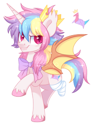 Size: 1673x2169 | Tagged: safe, artist:hawthornss, artist:prince-lionel, oc, oc only, oc:prince crane, species:alicorn, species:bat pony, species:pony, amputee, bandage, bat pony alicorn, blushing, chest fluff, crown, cute, cute little fangs, ear fluff, fake horn, fangs, fusion, jewelry, lightly watermarked, looking at you, origami, paper crane, pastel, raised hoof, regalia, simple background, smiling, sparkles, transparent background, unshorn fetlocks, watermark