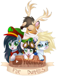 Size: 1024x1375 | Tagged: safe, artist:prince-lionel, oc, oc only, oc:lightning bliss, oc:mad munchkin, oc:spirit, oc:tyandaga, species:pony, antlers, female, for dummies, goggles, male, mare, simple background, transparent background, youtube