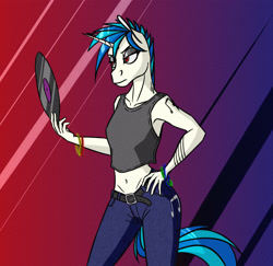 Size: 3352x3256 | Tagged: safe, artist:akweer, character:dj pon-3, character:vinyl scratch, species:anthro, species:pony, species:unicorn, armpits, belly button, clothing, female, hand on hip, lidded eyes, mare, pants, record, solo, tank top