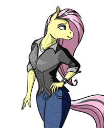 Size: 1512x1860 | Tagged: safe, artist:akweer, character:fluttershy, species:anthro, species:pony, bracelet, clothing, female, jacket, jeans, jewelry, leather jacket, looking back, mare, pants, shirt, simple background, solo, studded bracelet, white background
