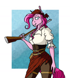 Size: 1280x1424 | Tagged: safe, artist:akweer, character:pinkie pie, species:anthro, species:earth pony, species:pony, bandana, clothing, female, grin, gun, musket, smiling, solo, weapon