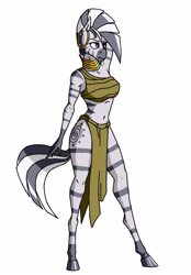 Size: 2560x3680 | Tagged: safe, artist:akweer, character:zecora, species:anthro, species:unguligrade anthro, species:zebra, arm behind head, armpits, ear piercing, earring, female, hooped earrings, jewelry, loincloth, midriff, neck rings, piercing, simple background, skinny, solo, tribal, white background