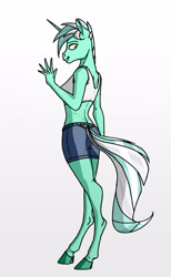 Size: 2412x3904 | Tagged: safe, artist:akweer, character:lyra heartstrings, species:anthro, species:pony, species:unguligrade anthro, species:unicorn, alternate hairstyle, breasts, busty lyra heartstrings, clothing, female, looking back, mare, midriff, short hair, shorts, simple background, solo, sports bra, waving, white background
