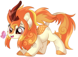 Size: 1024x757 | Tagged: safe, artist:prince-lionel, oc, oc only, oc:cinder spirit, species:kirin, species:pony, butterfly, cloven hooves, colored hooves, cute, female, kirin oc, mare, movie accurate, ocbetes, simple background, smiling, solo, transparent background