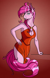 Size: 2028x3150 | Tagged: safe, artist:akweer, character:pinkamena diane pie, character:pinkie pie, species:anthro, species:earth pony, species:pony, breasts, busty pinkie pie, cleavage, clothing, dress, female, hand on hip, looking at you, mare, red dress, smiling, solo