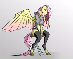 Size: 2412x1926 | Tagged: safe, artist:akweer, character:fluttershy, species:anthro, species:pegasus, species:unguligrade anthro, g4, bottomless, breasts, busty fluttershy, clothing, colored hooves, colored wings, colored wingtips, female, gradient wings, hoers, hoodie, hooves, looking down, mare, multicolored wings, partial nudity, sitting, solo, spread wings, stockings, stool, toeless stockings, wings