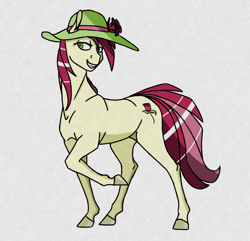 Size: 1280x1232 | Tagged: safe, artist:akweer, artist:trevorrain, character:roseluck, species:earth pony, species:pony, g4, clothing, colored hooves, female, grin, hat, hoers, hooves, horse, mare, raised hoof, simple background, smiling, solo, three quarter view