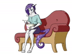 Size: 2000x1529 | Tagged: safe, artist:akweer, manebooru spotlight, character:rarity, species:anthro, species:pony, species:unguligrade anthro, species:unicorn, clothing, comfort eating, crying, depressed, eating, eyeshadow, fainting couch, female, food, ice cream, ice cream drama, makeup, solo