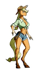 Size: 1185x2000 | Tagged: safe, artist:akweer, character:applejack, species:anthro, species:earth pony, species:pony, species:unguligrade anthro, breasts, busty applejack, clothing, cowboy hat, daisy dukes, female, front knot midriff, hat, mare, midriff, shorts, simple background, solo, stetson