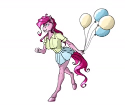 Size: 2000x1687 | Tagged: safe, artist:akweer, character:pinkie pie, species:anthro, species:earth pony, species:pony, species:unguligrade anthro, balloon, clothing, female, legs, miniskirt, shirt, simple background, skirt, solo, white background