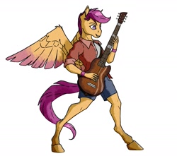 Size: 2000x1767 | Tagged: safe, artist:akweer, character:scootaloo, species:anthro, species:pegasus, species:pony, species:unguligrade anthro, clothing, electric guitar, female, guitar, jacket, mare, older, older scootaloo, shorts, simple background, white background