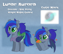 Size: 2100x1800 | Tagged: safe, artist:prince-lionel, oc, oc only, oc:lunar aurora, species:bat pony, species:pony, bat pony oc, bow, cute, cute little fangs, cutie mark, fangs, food, green eyes, mango, moon, movie accurate, reference sheet, solo, text, that batpony sure does love mangoes
