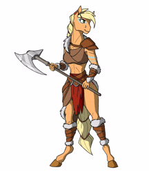 Size: 1382x1600 | Tagged: safe, artist:akweer, character:applejack, species:anthro, species:earth pony, species:pony, species:unguligrade anthro, barbarian, clothing, female, mare, solo, war axe, weapon