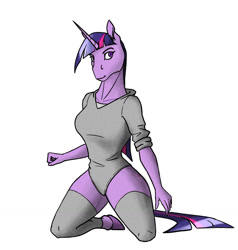 Size: 1220x1280 | Tagged: safe, artist:akweer, character:twilight sparkle, species:anthro, species:unguligrade anthro, species:unicorn, g4, breasts, clothing, colored hooves, female, hoers, hooves, kneeling, leg warmers, looking at you, mare, simple background, solo, white background