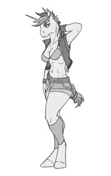 Size: 632x1000 | Tagged: safe, artist:akweer, character:rarity, species:anthro, species:unguligrade anthro, species:unicorn, g4, alternate hairstyle, armpits, belly button, belt, bikini, bikini top, breasts, busty rarity, cleavage, clothing, female, leather vest, mare, midriff, monochrome, punk, punkity, shorts, simple background, sketch, solo, swimsuit, vest, white background