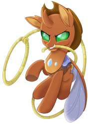 Size: 1029x1452 | Tagged: safe, artist:prince-lionel, oc, oc only, oc:dusty lance, species:changeling, species:reformed changeling, applejack's hat, changedling oc, changeling oc, clothing, cowboy hat, hat, lasso, mouth hold, movie accurate, rope, simple background, transparent background