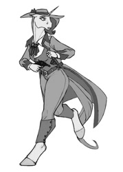 Size: 714x1000 | Tagged: safe, artist:akweer, character:rarity, species:anthro, species:unguligrade anthro, clothing, detective rarity, fedora, female, gun, handgun, hat, holster, looking back, monochrome, noir, pants, revolver, running, shirt, simple background, sketch, solo, trenchcoat, white background