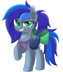 Size: 1832x2109 | Tagged: safe, artist:prince-lionel, oc, oc only, oc:lunar aurora, species:bat pony, species:pony, bat pony oc, bat wings, bow, commission, cute, cute little fangs, fangs, female, green eyes, mare, movie accurate, one hoof raised, simple background, solo, tail bow, transparent background, wings