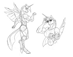 Size: 1000x783 | Tagged: safe, artist:akweer, character:twilight sparkle, character:twilight sparkle (alicorn), species:alicorn, species:anthro, species:pony, species:unguligrade anthro, abs, back muscles, biceps, breasts, busty twilight sparkle, clothing, deltoids, dumbbell (object), female, flexing, looking at you, looking sideways, mare, midriff, muscles, shorts, simple background, sketch, solo, sports bra, sunglasses, thighs, thunder thighs, twilight muscle, white background