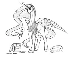 Size: 1300x1037 | Tagged: safe, artist:akweer, character:princess celestia, species:alicorn, species:pony, female, giraffe, long neck, monochrome, paint can, paint on fur, paintbrush, peytral, sketch, solo, traditional art