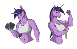 Size: 1461x938 | Tagged: safe, artist:akweer, character:twilight sparkle, species:anthro, species:pony, species:unicorn, g4, abs, biceps, breasts, clothing, dumbbell (object), flexing, lifting weights, measuring tape, muscles, simple background, smiling, sports bra, twilight muscle, white background, workout, wristband