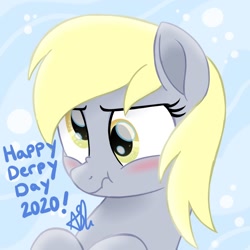 Size: 1000x1000 | Tagged: safe, artist:prince-lionel, character:derpy hooves, species:pony, blushing, bust, cute, derpabetes, derpy day, derpy day 2020, female, portrait, scrunchy face, solo