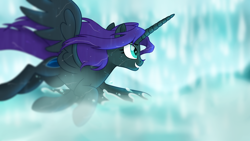 Size: 1920x1080 | Tagged: safe, artist:prince-lionel, oc, oc:nyx, species:alicorn, species:pony, adult, female, flying, fog, happy, horn, mare, movie accurate, older, smiling, solo, splashing, water, waterfall, wet, wings