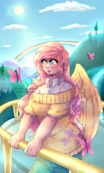 Size: 2100x3500 | Tagged: safe, artist:midoriya_shouto, character:fluttershy, species:human, g4, balcony, butterfly, cute, humanized, solo, winged humanization