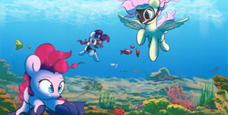 Size: 2420x1218 | Tagged: safe, anonymous artist, character:fluttershy, character:pinkie pie, character:rarity, species:earth pony, species:pegasus, species:pony, species:unicorn, /mlp/, g4, coral, diving, drawthread, fish, requested art, scuba, scuba diving, scuba gear, swimming, underwater