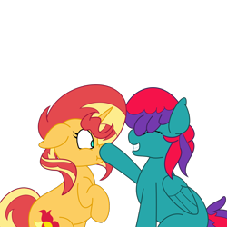 Size: 2000x2000 | Tagged: safe, artist:solardoodles, character:sunset shimmer, oc, oc:fluffy bee, species:pegasus, species:pony, species:unicorn, g4, boop