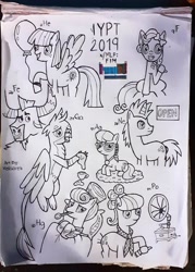 Size: 1900x2660 | Tagged: safe, artist:melisareb, character:florina tart, character:gallus, character:helia, character:iron will, character:neon lights, character:rising star, character:silver spoon, character:suri polomare, species:earth pony, species:griffon, species:minotaur, species:pegasus, species:pony, species:unicorn, anti-static brush, apple family member, argentum, balloon, bed, blanket, brush, cinnabar, coin, cup, ferrum, fluorine, gallium, golden hooves, helium, iron, medal, melting, mercury (element), monochrome, neon, periodic table, phonograph, pillow, polonium, quicksilver, rust, silver, thermometer, toothbrush, toothpaste, traditional art, wip