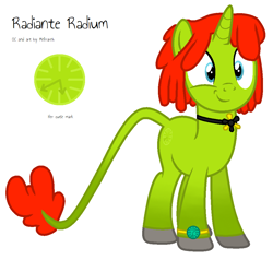 Size: 968x920 | Tagged: safe, artist:melisareb, base used, oc, oc only, oc:radiante radium, species:pony, species:unicorn, cute, cutie mark, element pony, female, gradient hair, gradient legs, leonine tail, mare, object pony, original species, ponified, radioactive, radioactive pony, simple background, solo, watch, weapons-grade cute, white background