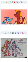 Size: 220x485 | Tagged: safe, artist:melisareb, artist:noidavaliable, edit, character:garble, character:princess ember, character:prominence, species:dragon, derpibooru, ship:emble, background pony strikes again, dragoness, female, garbinence, juxtaposition, juxtaposition win, male, meme, meta, shipping, straight
