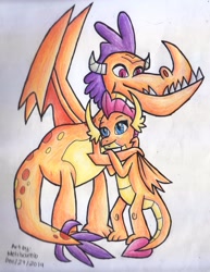 Size: 1890x2445 | Tagged: safe, artist:melisareb, character:smolder, species:dragon, episode:sweet and smoky, g4, my little pony: friendship is magic, adorabilly, alternate ending, billy (dragon), cousins, cute, dawwww, dragoness, duo, duo male and female, female, headcanon, hug, smolderbetes, teenaged dragon, traditional art