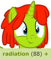 Size: 410x475 | Tagged: safe, artist:melisareb, edit, oc, oc only, oc:radiante radium, species:pony, species:unicorn, derpibooru, cute, element pony, looking at you, meme, meta, object pony, ocbetes, original species, ponified, radiation, radioactive, solo, tags, weapons-grade cute