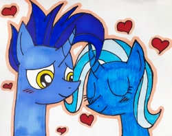 Size: 2220x1755 | Tagged: safe, artist:melisareb, character:hoo'far, character:trixie, species:pony, species:unicorn, ship:trixfar, blushing, bust, duo, eyes closed, female, heart, i can't believe it's not 徐詩珮, lidded eyes, male, mare, shipping, stallion, straight, traditional art