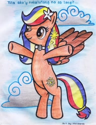 Size: 2005x2600 | Tagged: safe, artist:melisareb, oc, oc only, oc:pearl shine, species:pegasus, species:pony, nation ponies, ..., brown eyes, clothing, cloud, colored wings, cute, eyelashes, female, filipino, flower, flower in hair, flying, gradient wings, grin, jewelry, looking at something, mare, meme, necklace, philippines, ponified, regalia, sarah geronimo, sky, smiling, solo, spread wings, tagalog, tala, traditional art, underwear, wings