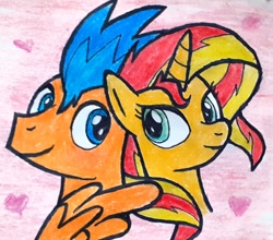 Size: 1900x1670 | Tagged: safe, artist:melisareb, character:flash sentry, character:sunset shimmer, species:pegasus, species:pony, species:unicorn, ship:flashimmer, bust, female, heart, looking at each other, male, mare, shipping, stallion, straight, traditional art