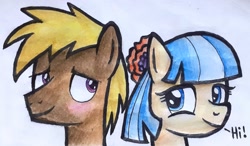Size: 2835x1655 | Tagged: safe, artist:melisareb, character:coco crusoe, character:coco pommel, species:earth pony, species:pony, blushing, cocobetes, crack shipping, cute, dialogue, female, looking at each other, male, mare, pommelcrusoe, shipping, stallion, straight, traditional art
