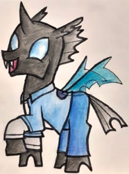 Size: 1745x2350 | Tagged: safe, artist:melisareb, species:changeling, ben 10, clothing, crossover, cute, cuteling, kevin (changeling), kevin levin, looking at you, name pun, raised hoof, solo, traditional art, wings